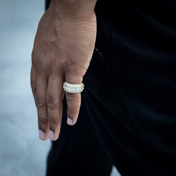 Hip Hop Yellow Gold Plated Iced Pointer Cz Men's Eternity Statement Ring - Picture 5 of 5